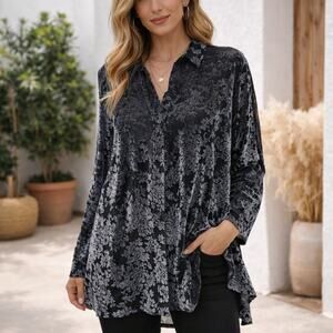 Jason USA Women's SZ L Gray Black Velvet Burnout Button Front Tunic Top V102
